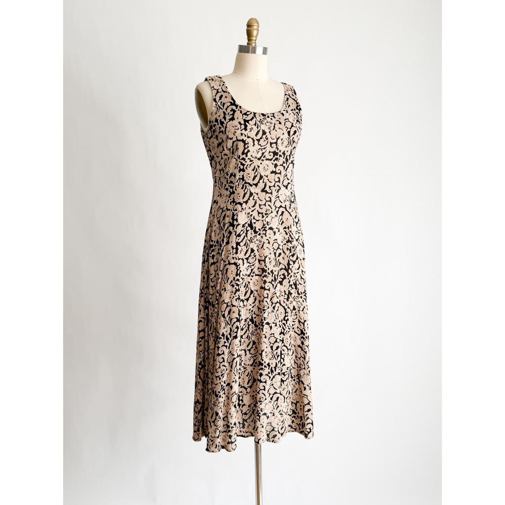 Rabbit Rabbit Designs Vintage Floral Midi Dress Tan Black Rayon Sleeveless USA - Picture 4 of 8